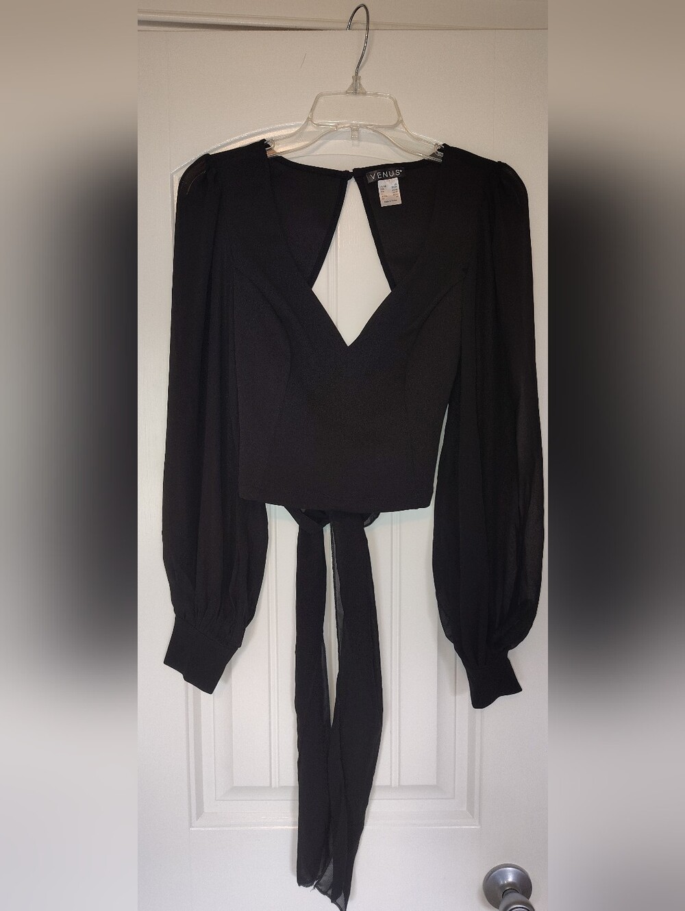 VENUS Black Long Sheer Sleeve  V-Neck Tie-open Back Crop Top
